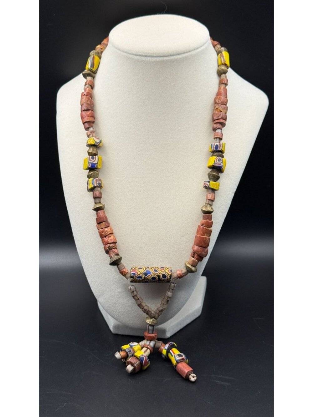 Vintage Boho Beaded Necklace Mixed Materials Brass Statement 21 Inch